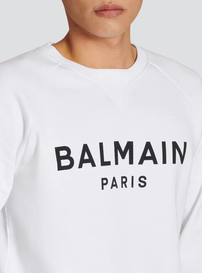 Balmain Sweatshirts Mens EcoDesigned Cotton Sweatshirt With Balmain Paris Metallic Logo Print White Balmain Sweatshirts Mens EcoDesigned Cotton Sweatshirt With Balmain Paris Metallic Logo Print White