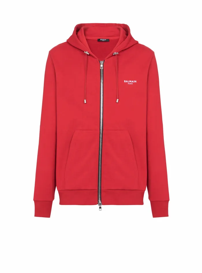 Balmain Sweatshirts Mens EcoDesigned Cotton Sweatshirt With Small Flocked Balmain Logo Red Balmain Sweatshirts Mens EcoDesigned Cotton Sweatshirt With Small Flocked Balmain Logo Red