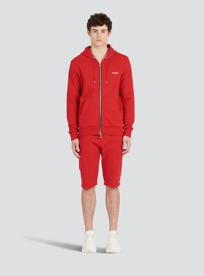 Balmain Sweatshirts Mens EcoDesigned Cotton Sweatshirt With Small Flocked Balmain Logo Red Balmain Sweatshirts Mens EcoDesigned Cotton Sweatshirt With Small Flocked Balmain Logo Red