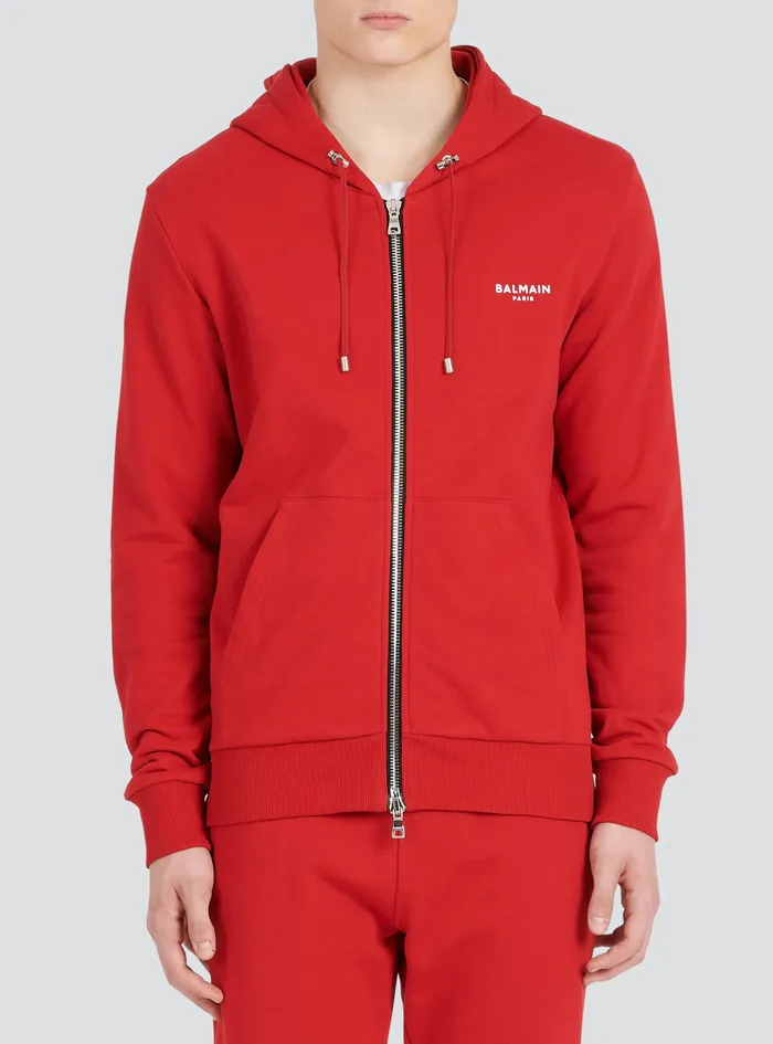 Balmain Sweatshirts Mens EcoDesigned Cotton Sweatshirt With Small Flocked Balmain Logo Red Balmain Sweatshirts Mens EcoDesigned Cotton Sweatshirt With Small Flocked Balmain Logo Red