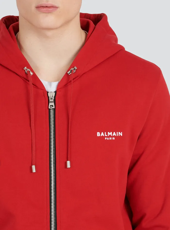 Balmain Sweatshirts Mens EcoDesigned Cotton Sweatshirt With Small Flocked Balmain Logo Red Balmain Sweatshirts Mens EcoDesigned Cotton Sweatshirt With Small Flocked Balmain Logo Red