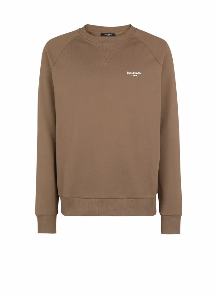 Balmain Sweatshirts Mens EcoDesigned Cotton Sweatshirt With Small Flocked Balmain Paris Logo Brown Balmain Sweatshirts Mens EcoDesigned Cotton Sweatshirt With Small Flocked Balmain Paris Logo Brown