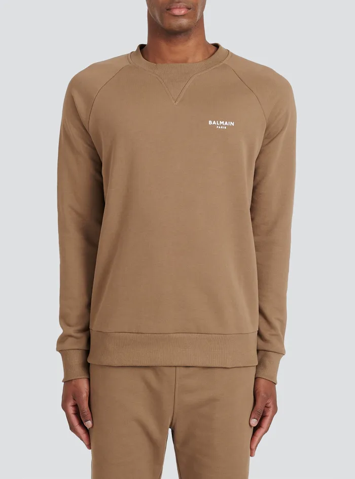 Balmain Sweatshirts Mens EcoDesigned Cotton Sweatshirt With Small Flocked Balmain Paris Logo Brown Balmain Sweatshirts Mens EcoDesigned Cotton Sweatshirt With Small Flocked Balmain Paris Logo Brown