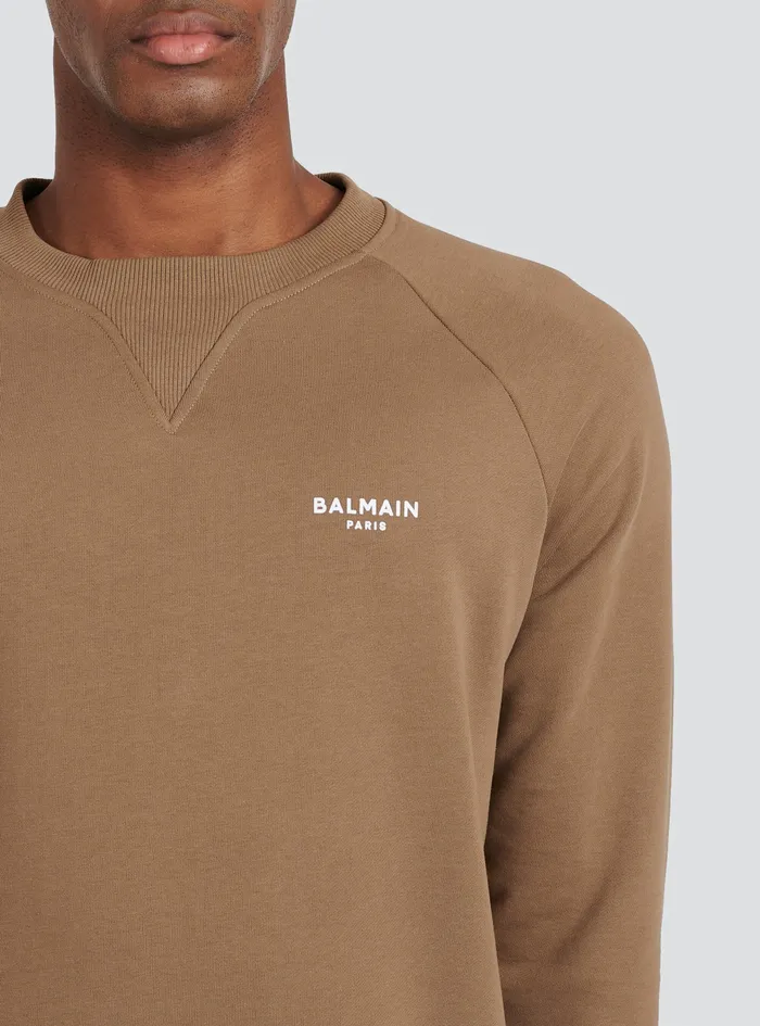 Balmain Sweatshirts Mens EcoDesigned Cotton Sweatshirt With Small Flocked Balmain Paris Logo Brown Balmain Sweatshirts Mens EcoDesigned Cotton Sweatshirt With Small Flocked Balmain Paris Logo Brown