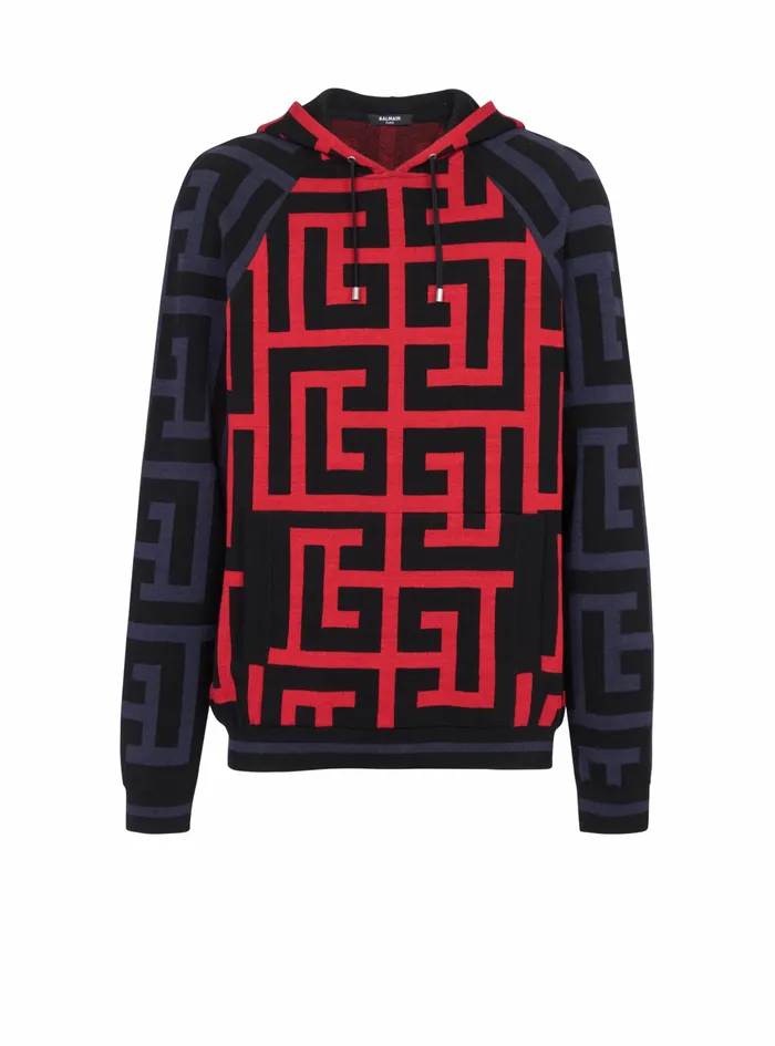 Balmain Sweatshirts Mens Hooded Wool Sweatshirt With Maxi Balmain Monogram Print Red Balmain Sweatshirts Mens Hooded Wool Sweatshirt With Maxi Balmain Monogram Print Red