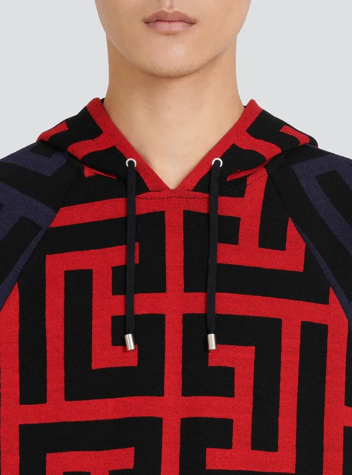 Balmain Sweatshirts Mens Hooded Wool Sweatshirt With Maxi Balmain Monogram Print Red Balmain Sweatshirts Mens Hooded Wool Sweatshirt With Maxi Balmain Monogram Print Red