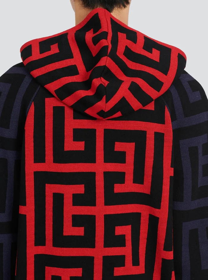 Balmain Sweatshirts Mens Hooded Wool Sweatshirt With Maxi Balmain Monogram Print Red Balmain Sweatshirts Mens Hooded Wool Sweatshirt With Maxi Balmain Monogram Print Red
