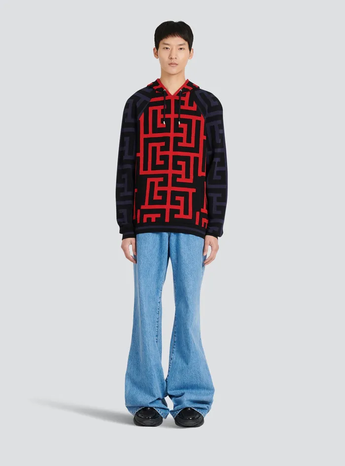 Balmain Sweatshirts Mens Hooded Wool Sweatshirt With Maxi Balmain Monogram Print Red Balmain Sweatshirts Mens Hooded Wool Sweatshirt With Maxi Balmain Monogram Print Red