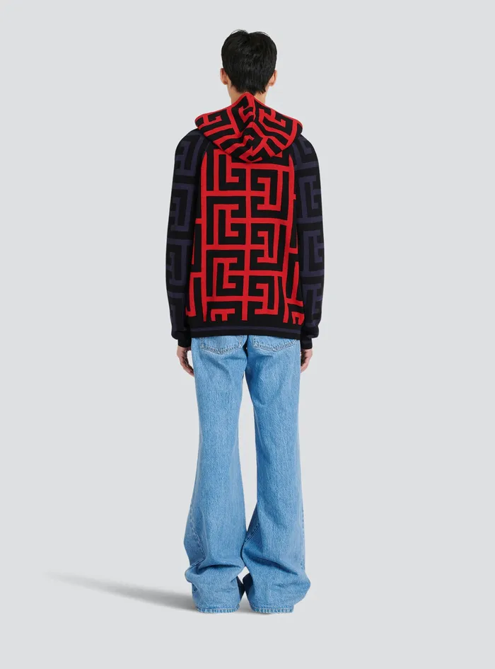 Balmain Sweatshirts Mens Hooded Wool Sweatshirt With Maxi Balmain Monogram Print Red Balmain Sweatshirts Mens Hooded Wool Sweatshirt With Maxi Balmain Monogram Print Red