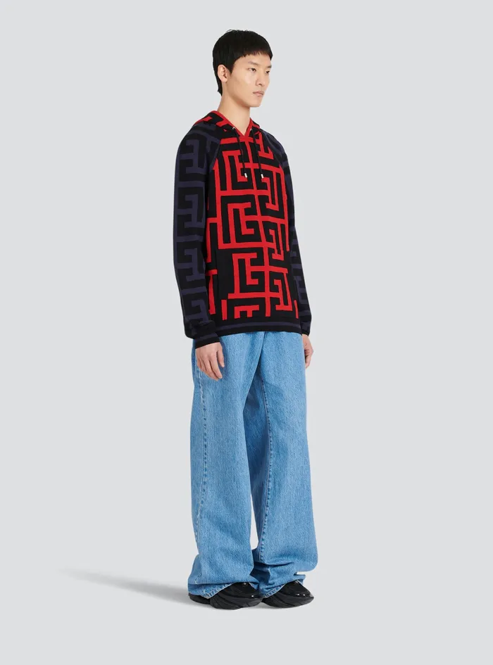 Balmain Sweatshirts Mens Hooded Wool Sweatshirt With Maxi Balmain Monogram Print Red Balmain Sweatshirts Mens Hooded Wool Sweatshirt With Maxi Balmain Monogram Print Red