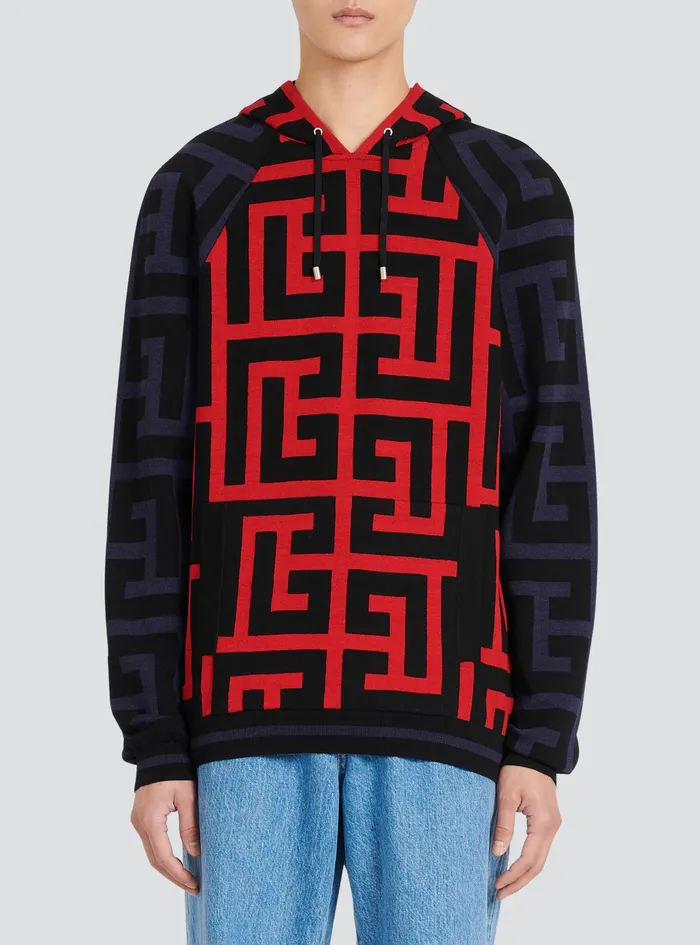 Balmain Sweatshirts Mens Hooded Wool Sweatshirt With Maxi Balmain Monogram Print Red Balmain Sweatshirts Mens Hooded Wool Sweatshirt With Maxi Balmain Monogram Print Red