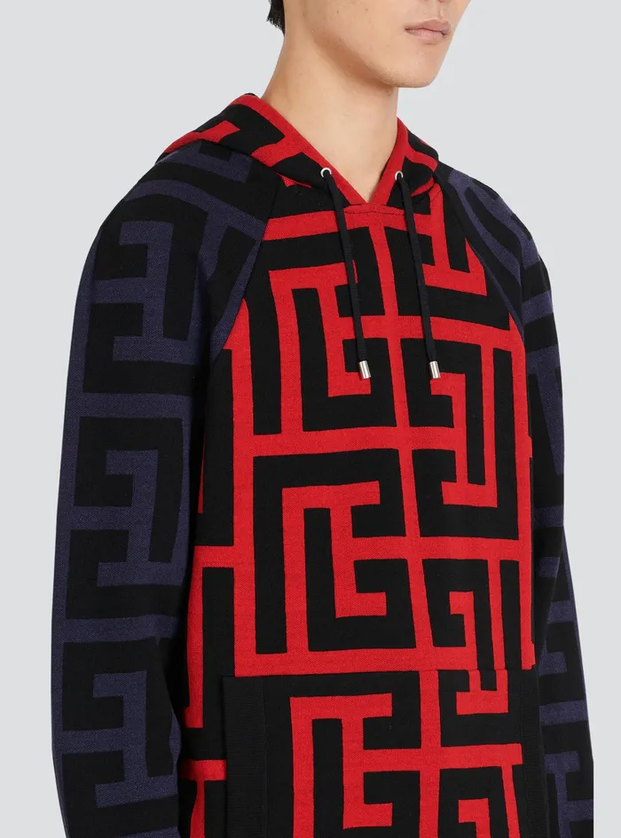 Balmain Sweatshirts Mens Hooded Wool Sweatshirt With Maxi Balmain Monogram Print Red Balmain Sweatshirts Mens Hooded Wool Sweatshirt With Maxi Balmain Monogram Print Red