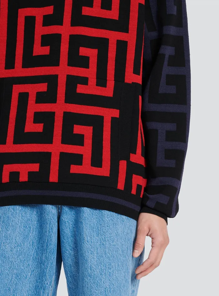 Balmain Sweatshirts Mens Hooded Wool Sweatshirt With Maxi Balmain Monogram Print Red Balmain Sweatshirts Mens Hooded Wool Sweatshirt With Maxi Balmain Monogram Print Red