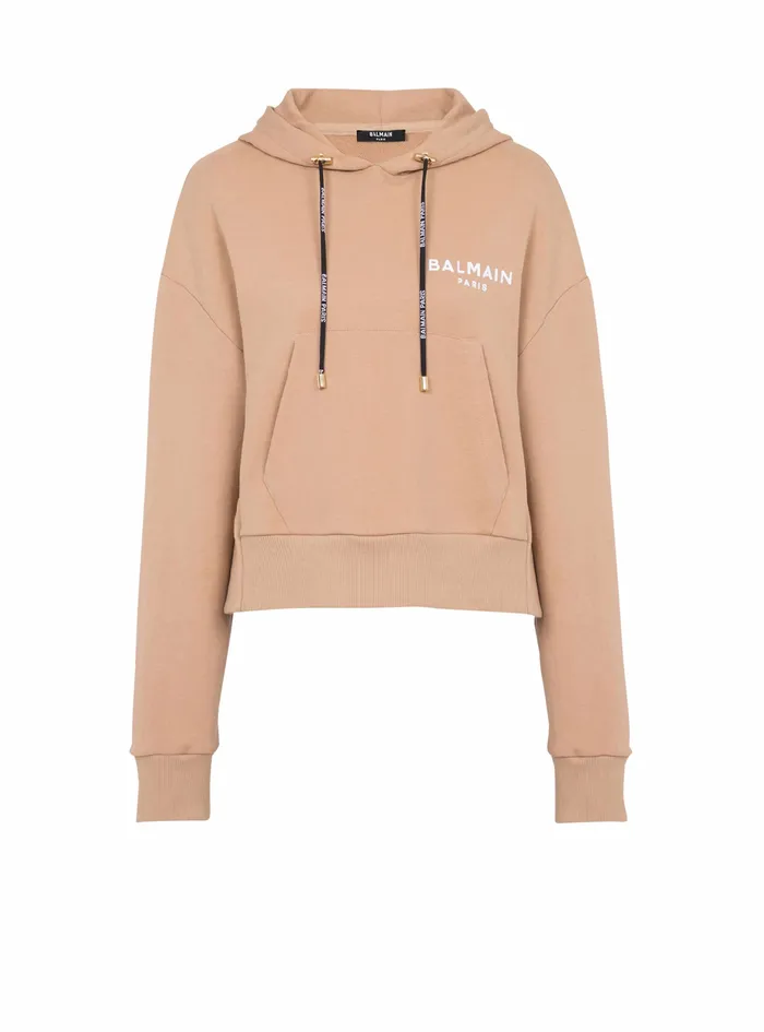 Balmain Sweatshirts Womens EcoDesigned Cotton Sweatshirt With Flocked Balmain Logo Beige Balmain Sweatshirts Womens EcoDesigned Cotton Sweatshirt With Flocked Balmain Logo Beige