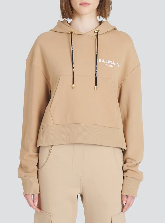Balmain Sweatshirts Womens EcoDesigned Cotton Sweatshirt With Flocked Balmain Logo Beige Balmain Sweatshirts Womens EcoDesigned Cotton Sweatshirt With Flocked Balmain Logo Beige