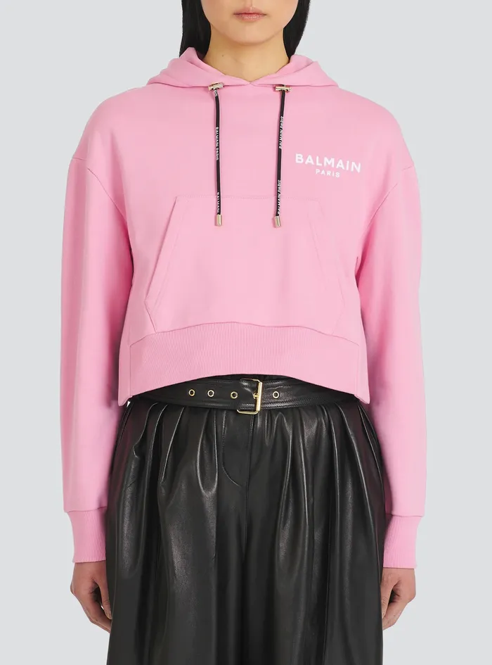 Balmain Sweatshirts Womens EcoDesigned Cotton Sweatshirt With Flocked Balmain Logo Pink Balmain Sweatshirts Womens EcoDesigned Cotton Sweatshirt With Flocked Balmain Logo Pink