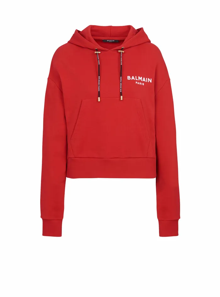 Balmain Sweatshirts Womens EcoDesigned Cotton Sweatshirt With Flocked Balmain Logo Red Balmain Sweatshirts Womens EcoDesigned Cotton Sweatshirt With Flocked Balmain Logo Red