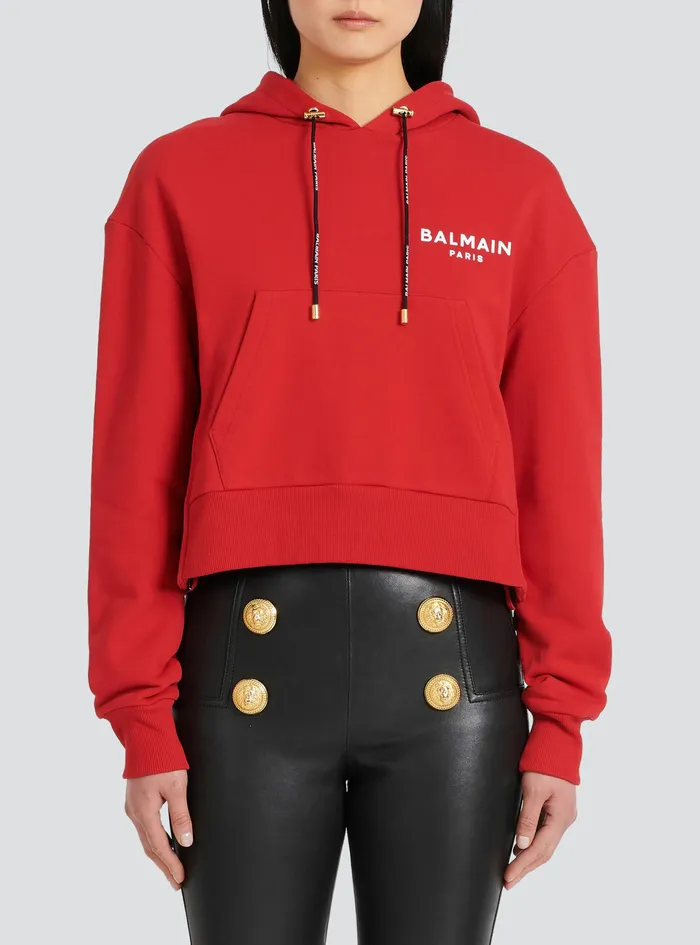 Balmain Sweatshirts Womens EcoDesigned Cotton Sweatshirt With Flocked Balmain Logo Red Balmain Sweatshirts Womens EcoDesigned Cotton Sweatshirt With Flocked Balmain Logo Red