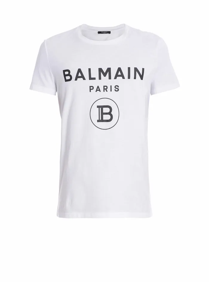 Balmain TShirts Mens Cotton TShirt With Balmain Paris Logo Print White