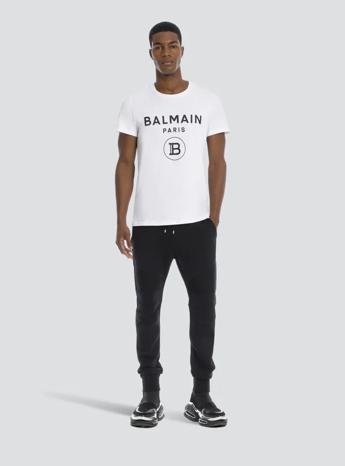 Balmain TShirts Mens Cotton TShirt With Balmain Paris Logo Print White Balmain TShirts Mens Cotton TShirt With Balmain Paris Logo Print White