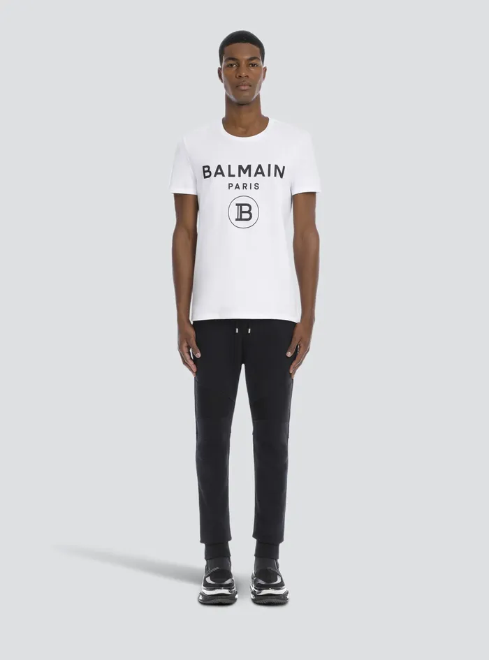 Balmain TShirts Mens Cotton TShirt With Balmain Paris Logo Print White Balmain TShirts Mens Cotton TShirt With Balmain Paris Logo Print White