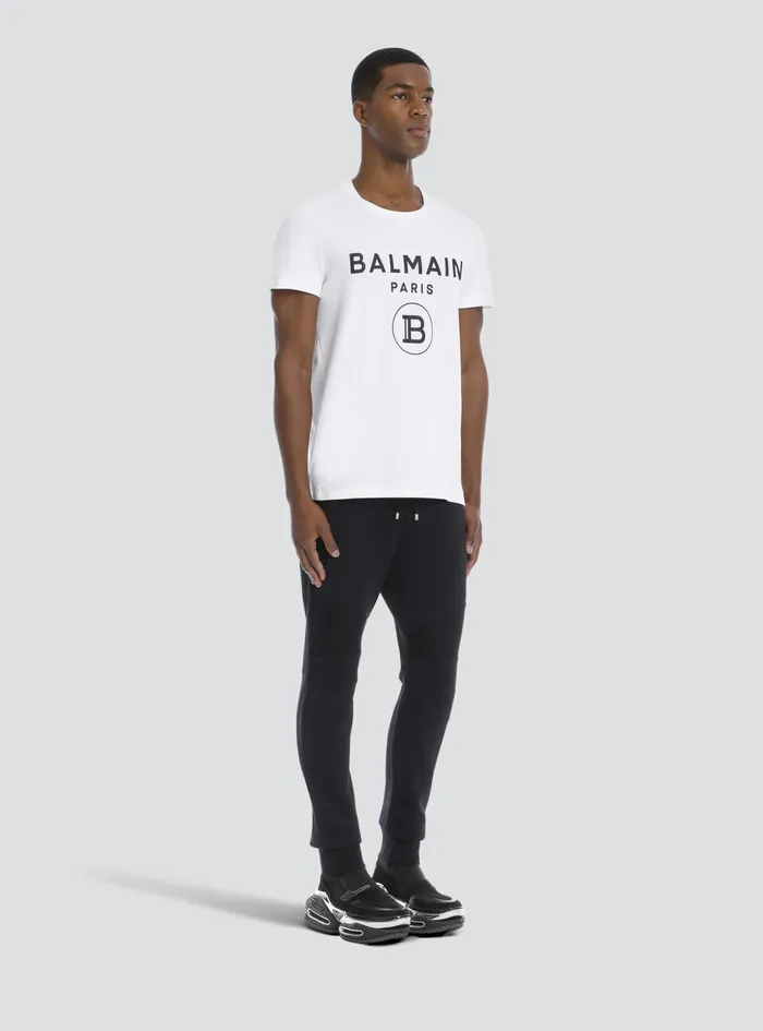 Balmain TShirts Mens Cotton TShirt With Balmain Paris Logo Print White Balmain TShirts Mens Cotton TShirt With Balmain Paris Logo Print White