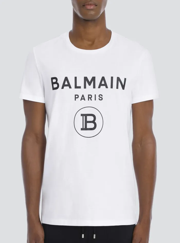 Balmain TShirts Mens Cotton TShirt With Balmain Paris Logo Print White Balmain TShirts Mens Cotton TShirt With Balmain Paris Logo Print White