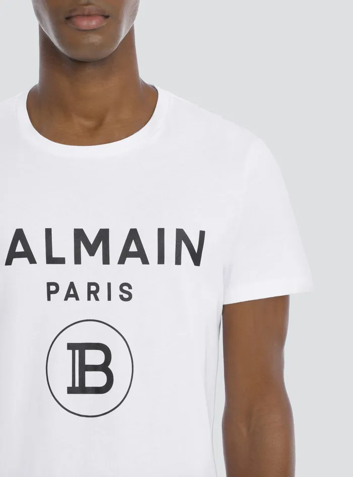 Balmain TShirts Mens Cotton TShirt With Balmain Paris Logo Print White Balmain TShirts Mens Cotton TShirt With Balmain Paris Logo Print White