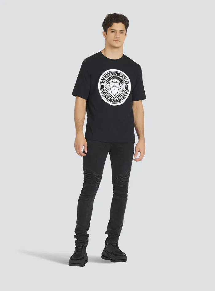 Balmain TShirts Mens Cotton TShirt With Flocked Balmain Medallion Black Balmain TShirts Mens Cotton TShirt With Flocked Balmain Medallion Black