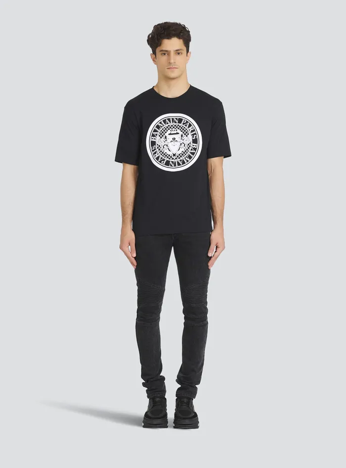 Balmain TShirts Mens Cotton TShirt With Flocked Balmain Medallion Black Balmain TShirts Mens Cotton TShirt With Flocked Balmain Medallion Black