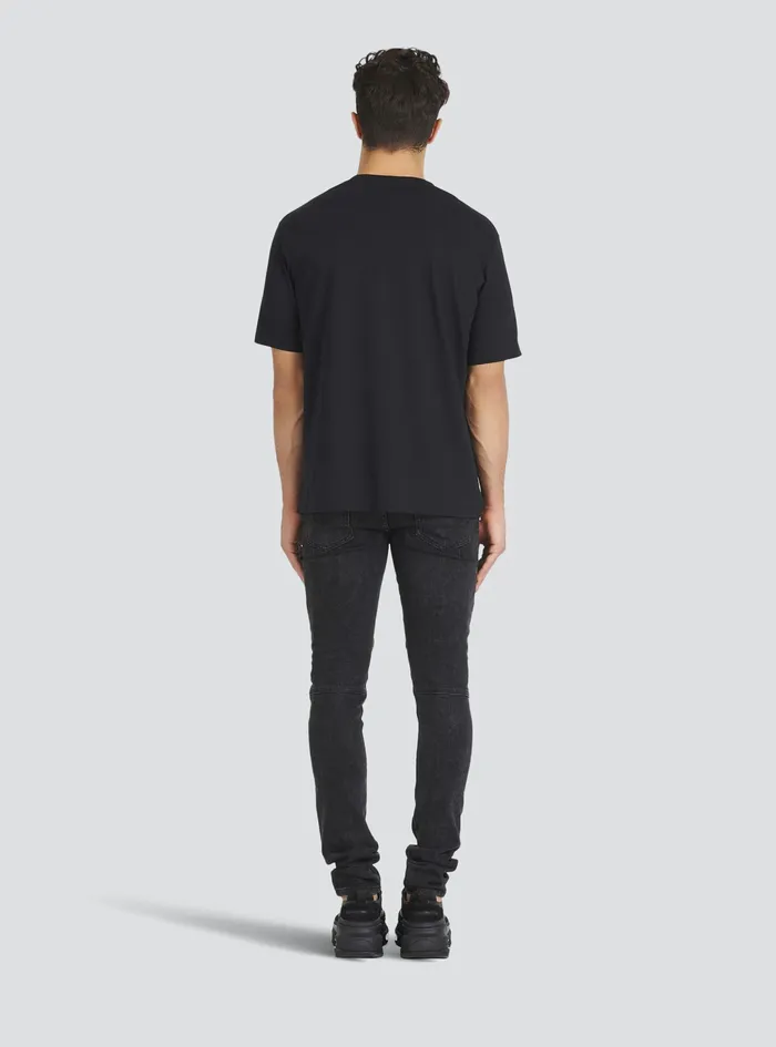 Balmain TShirts Mens Cotton TShirt With Flocked Balmain Medallion Black Balmain TShirts Mens Cotton TShirt With Flocked Balmain Medallion Black