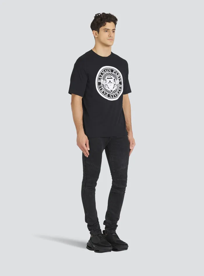 Balmain TShirts Mens Cotton TShirt With Flocked Balmain Medallion Black Balmain TShirts Mens Cotton TShirt With Flocked Balmain Medallion Black