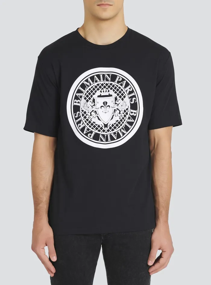 Balmain TShirts Mens Cotton TShirt With Flocked Balmain Medallion Black Balmain TShirts Mens Cotton TShirt With Flocked Balmain Medallion Black