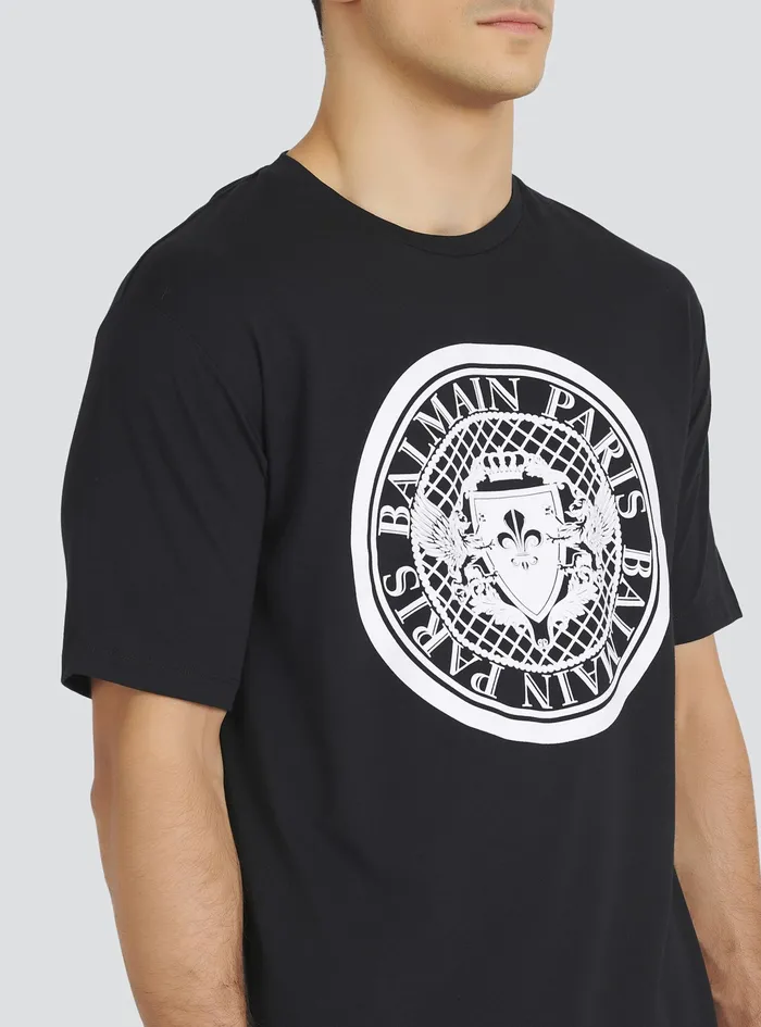Balmain TShirts Mens Cotton TShirt With Flocked Balmain Medallion Black Balmain TShirts Mens Cotton TShirt With Flocked Balmain Medallion Black