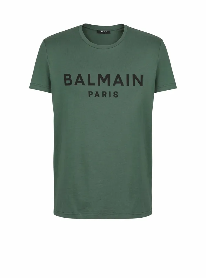 Balmain TShirts Mens EcoDesigned Cotton TShirt With Balmain Paris Logo Print Green Balmain TShirts Mens EcoDesigned Cotton TShirt With Balmain Paris Logo Print Green