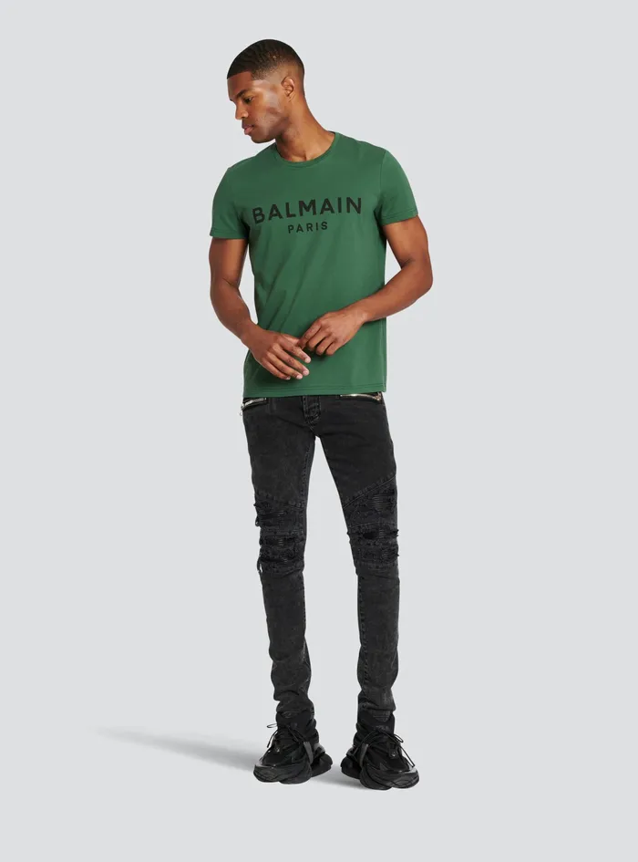 Balmain TShirts Mens EcoDesigned Cotton TShirt With Balmain Paris Logo Print Green Balmain TShirts Mens EcoDesigned Cotton TShirt With Balmain Paris Logo Print Green