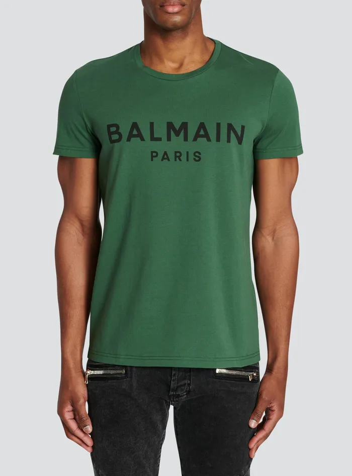 Balmain TShirts Mens EcoDesigned Cotton TShirt With Balmain Paris Logo Print Green Balmain TShirts Mens EcoDesigned Cotton TShirt With Balmain Paris Logo Print Green