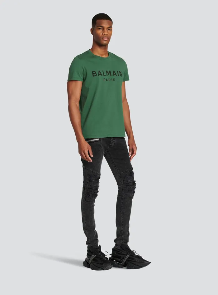Balmain TShirts Mens EcoDesigned Cotton TShirt With Balmain Paris Logo Print Green Balmain TShirts Mens EcoDesigned Cotton TShirt With Balmain Paris Logo Print Green
