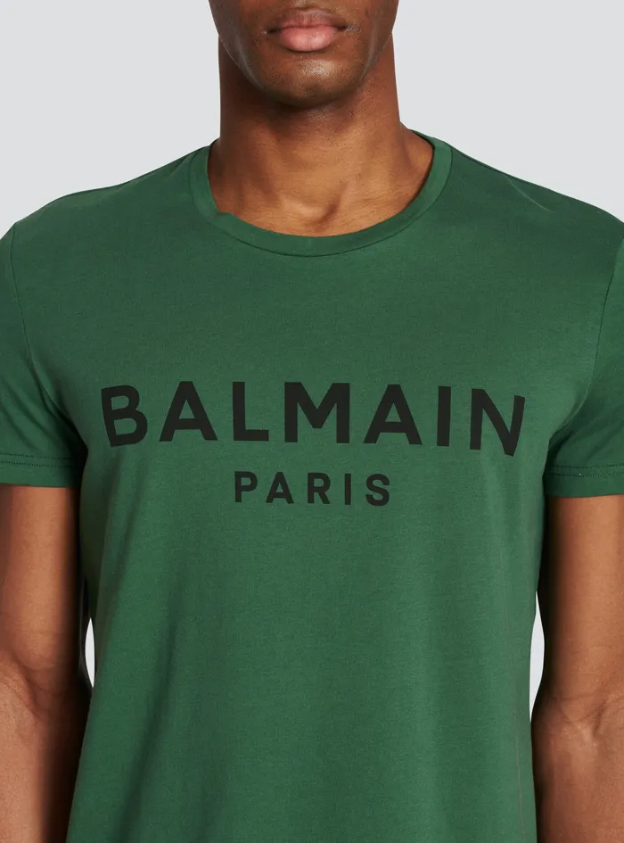 Balmain TShirts Mens EcoDesigned Cotton TShirt With Balmain Paris Logo Print Green Balmain TShirts Mens EcoDesigned Cotton TShirt With Balmain Paris Logo Print Green