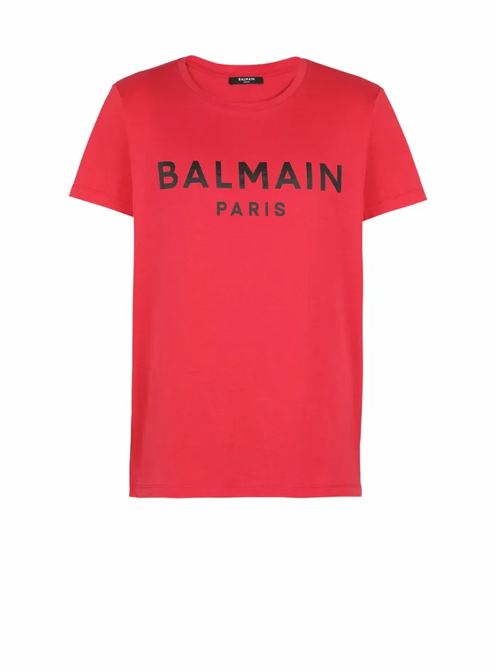 Balmain TShirts Mens EcoDesigned Cotton TShirt With Balmain Paris Logo Print Red Balmain TShirts Mens EcoDesigned Cotton TShirt With Balmain Paris Logo Print Red