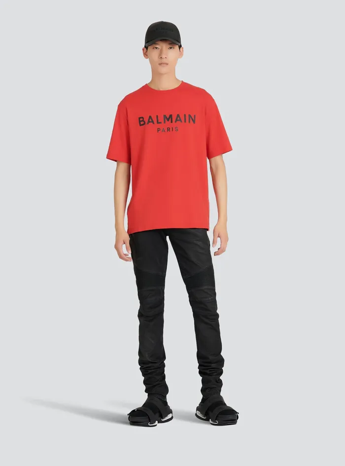 Balmain TShirts Mens EcoDesigned Cotton TShirt With Balmain Paris Logo Print Red