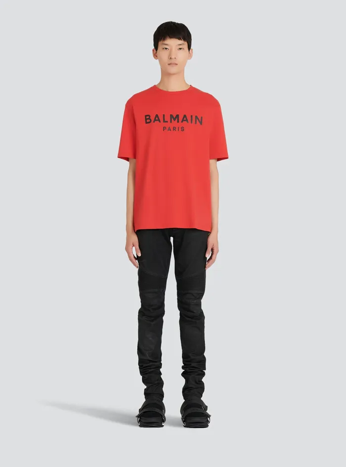 Balmain TShirts Mens EcoDesigned Cotton TShirt With Balmain Paris Logo Print Red