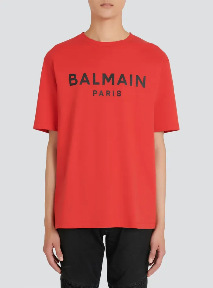 Balmain TShirts Mens EcoDesigned Cotton TShirt With Balmain Paris Logo Print Red