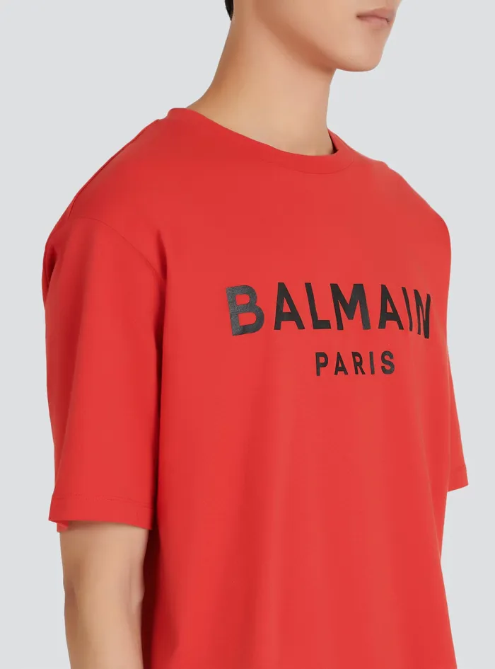 Balmain TShirts Mens EcoDesigned Cotton TShirt With Balmain Paris Logo Print Red