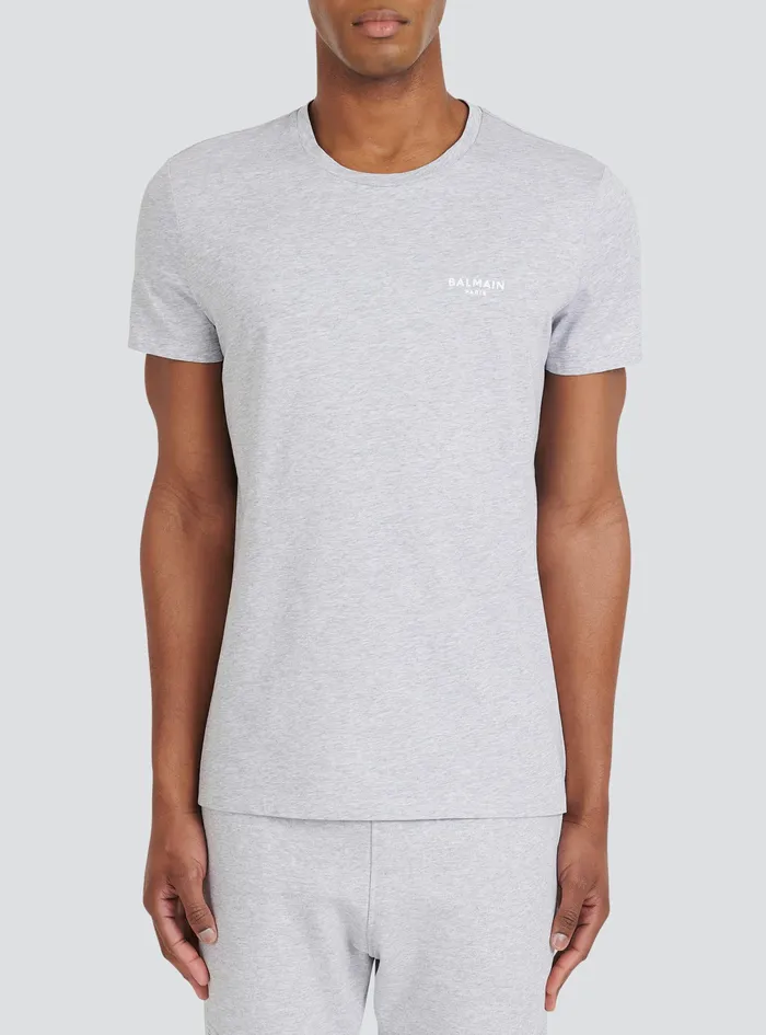 Balmain TShirts Mens EcoDesigned Cotton TShirt With Small Flocked Balmain Paris Logo Grey Balmain TShirts Mens EcoDesigned Cotton TShirt With Small Flocked Balmain Paris Logo Grey