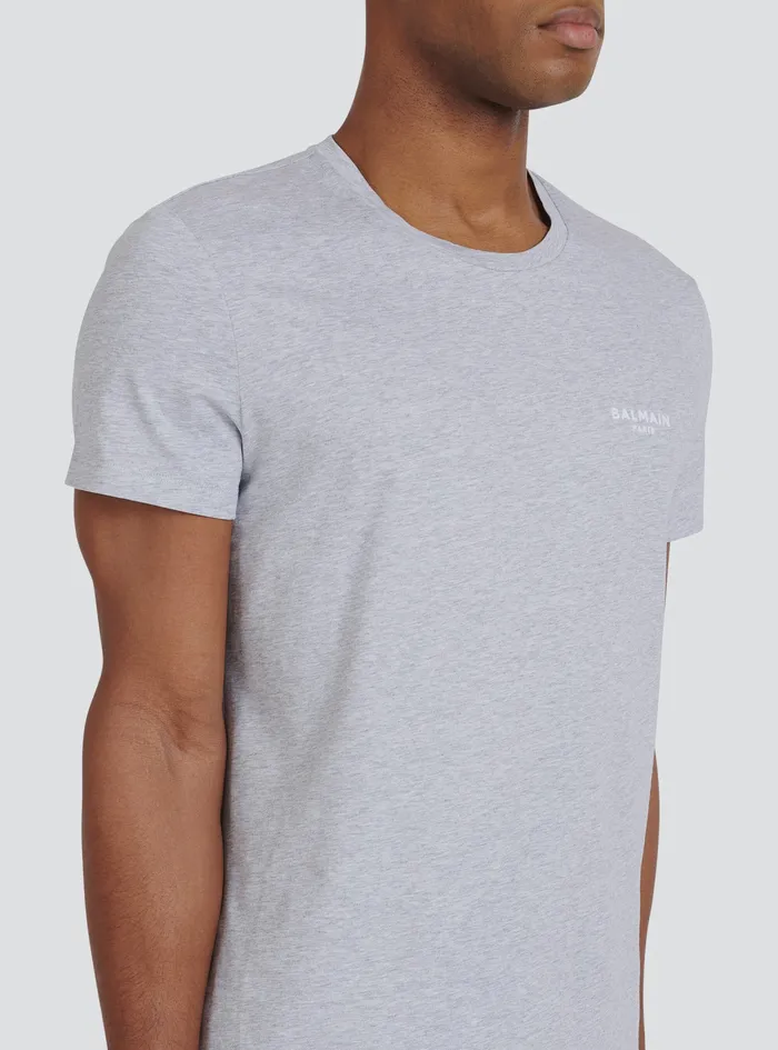 Balmain TShirts Mens EcoDesigned Cotton TShirt With Small Flocked Balmain Paris Logo Grey Balmain TShirts Mens EcoDesigned Cotton TShirt With Small Flocked Balmain Paris Logo Grey