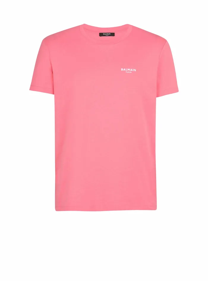 Balmain TShirts Mens EcoDesigned Cotton TShirt With Small Flocked Balmain Paris Logo Pink Balmain TShirts Mens EcoDesigned Cotton TShirt With Small Flocked Balmain Paris Logo Pink