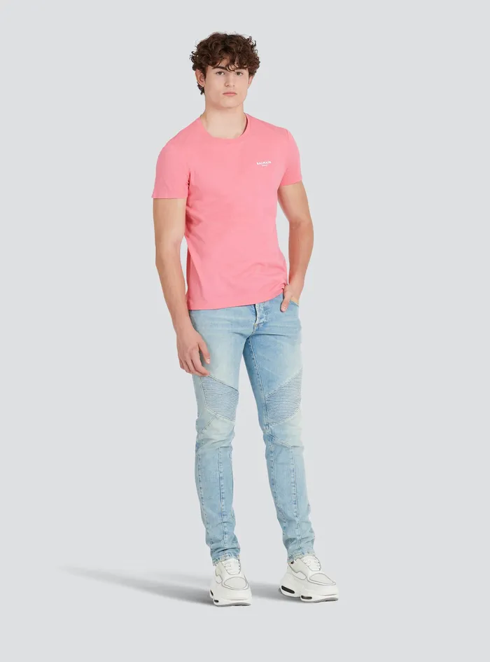Balmain TShirts Mens EcoDesigned Cotton TShirt With Small Flocked Balmain Paris Logo Pink Balmain TShirts Mens EcoDesigned Cotton TShirt With Small Flocked Balmain Paris Logo Pink