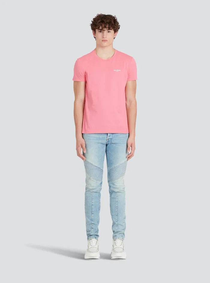 Balmain TShirts Mens EcoDesigned Cotton TShirt With Small Flocked Balmain Paris Logo Pink Balmain TShirts Mens EcoDesigned Cotton TShirt With Small Flocked Balmain Paris Logo Pink