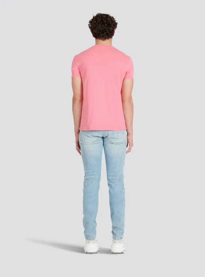 Balmain TShirts Mens EcoDesigned Cotton TShirt With Small Flocked Balmain Paris Logo Pink Balmain TShirts Mens EcoDesigned Cotton TShirt With Small Flocked Balmain Paris Logo Pink